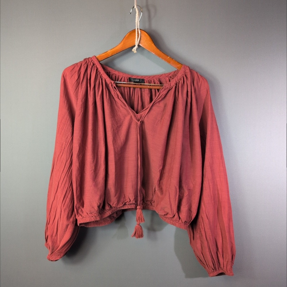 J. Crew Mauve(Brick) Balloon Crop Top XL Tassel Tie Long Sleeve Boho Peasant